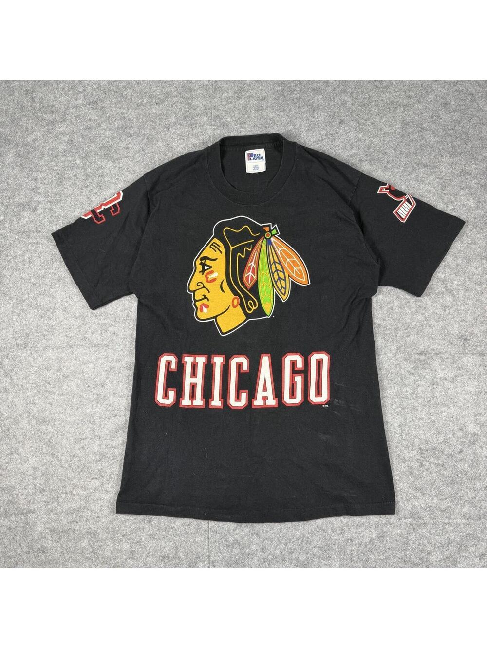 Vintage 90s Pro Player NHL Chicago Blackhawks AOP Single Stitch T-Shirt Size L